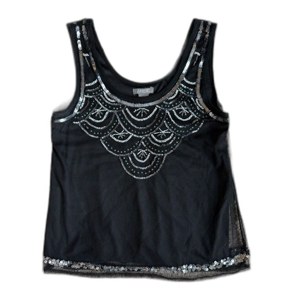 Angie Black Sequin Tank Top Women L Sparkle Evening Cami Party Top